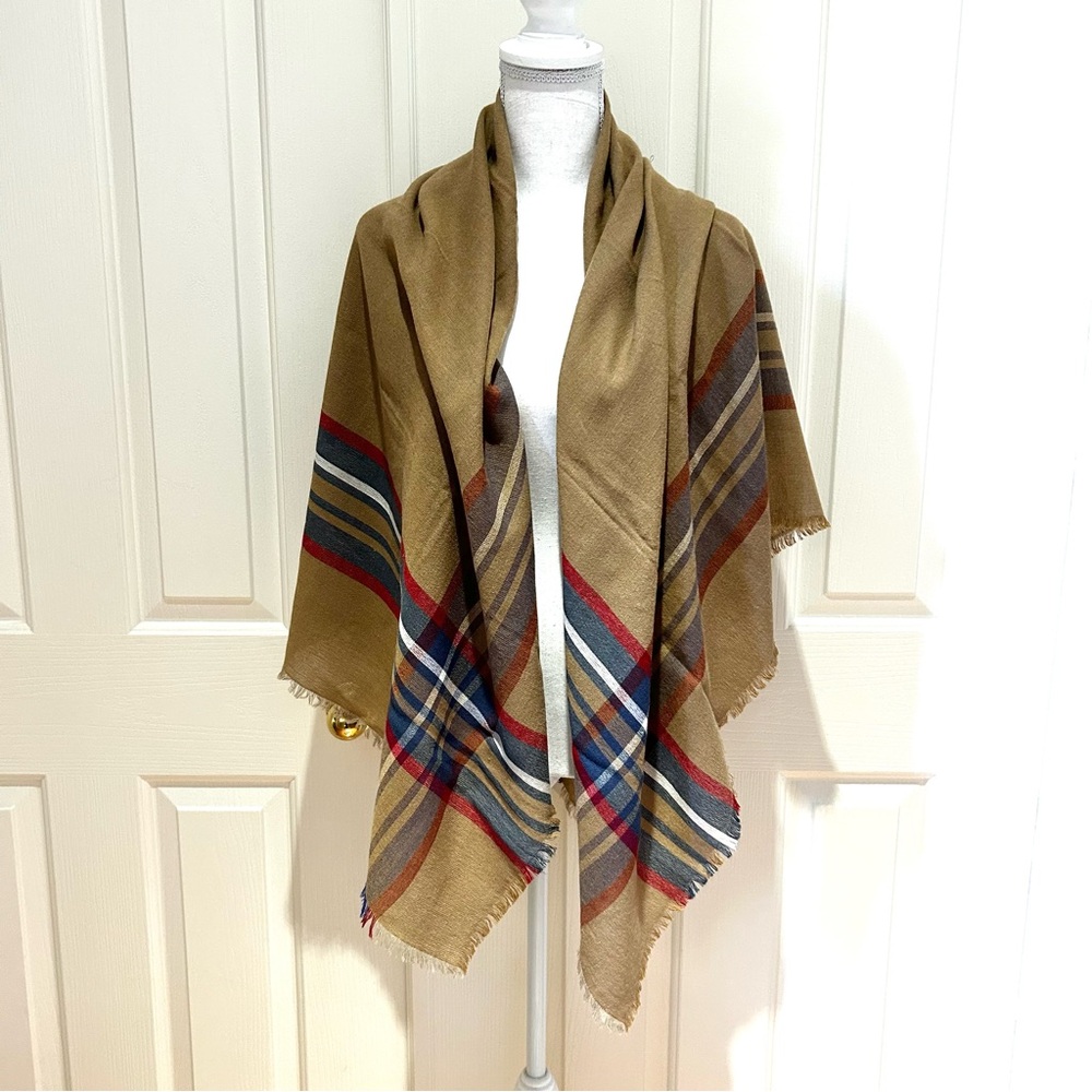 L.L. Bean Tan and Red Wool Blend Square Scarf Made in Italy